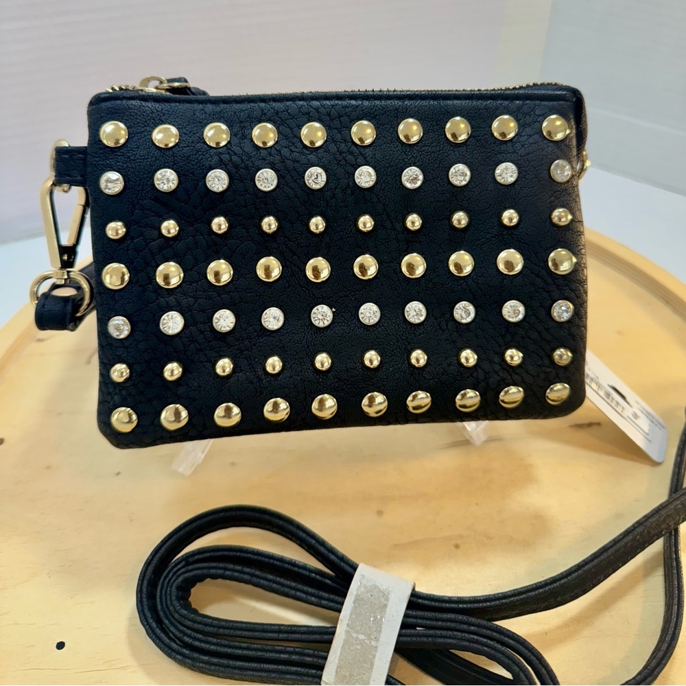 Charming Charlie Black  Gold Studded and Rhinestone Crossbody/Wristlet